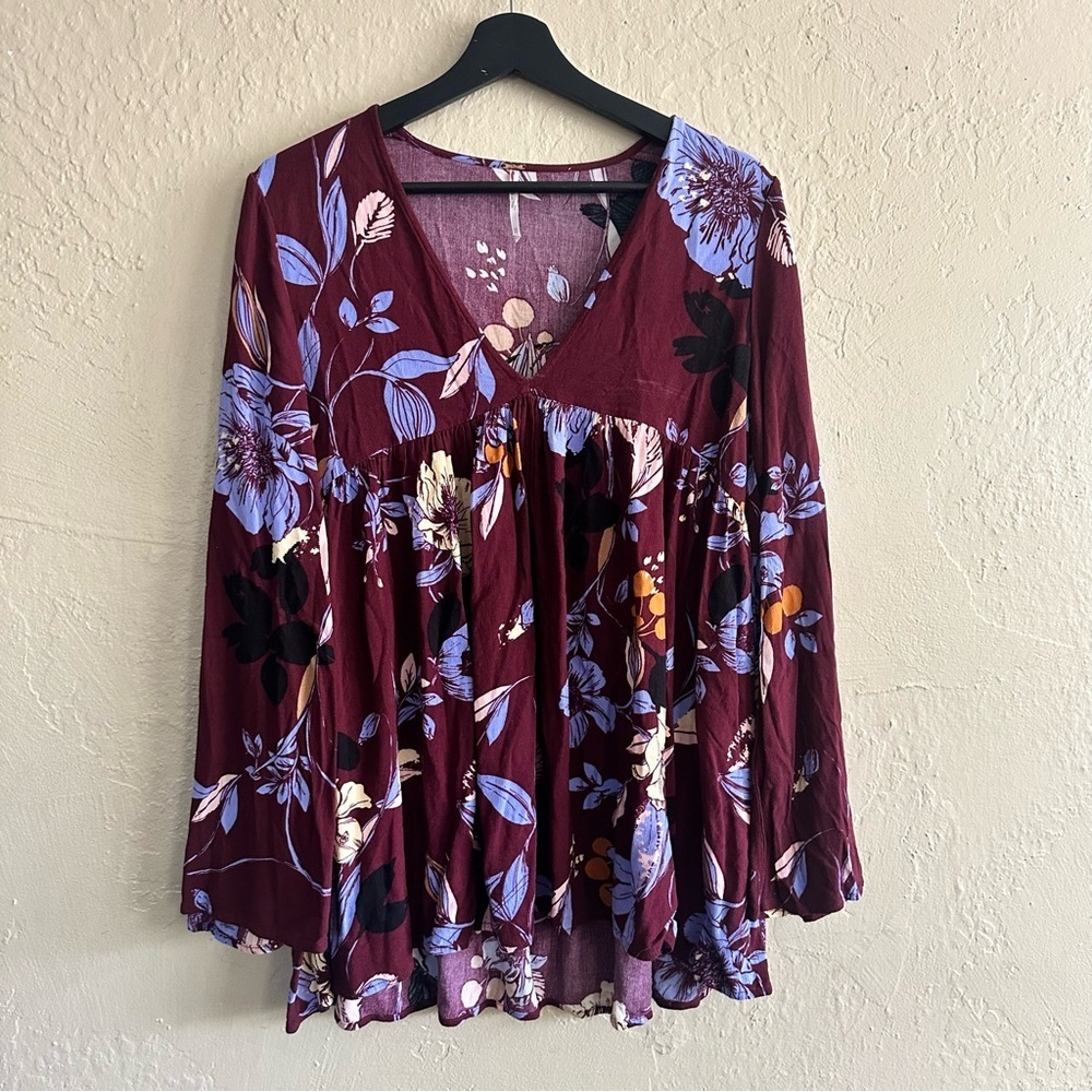 Free People Burgundy Floral V-Neck Babydoll Top
